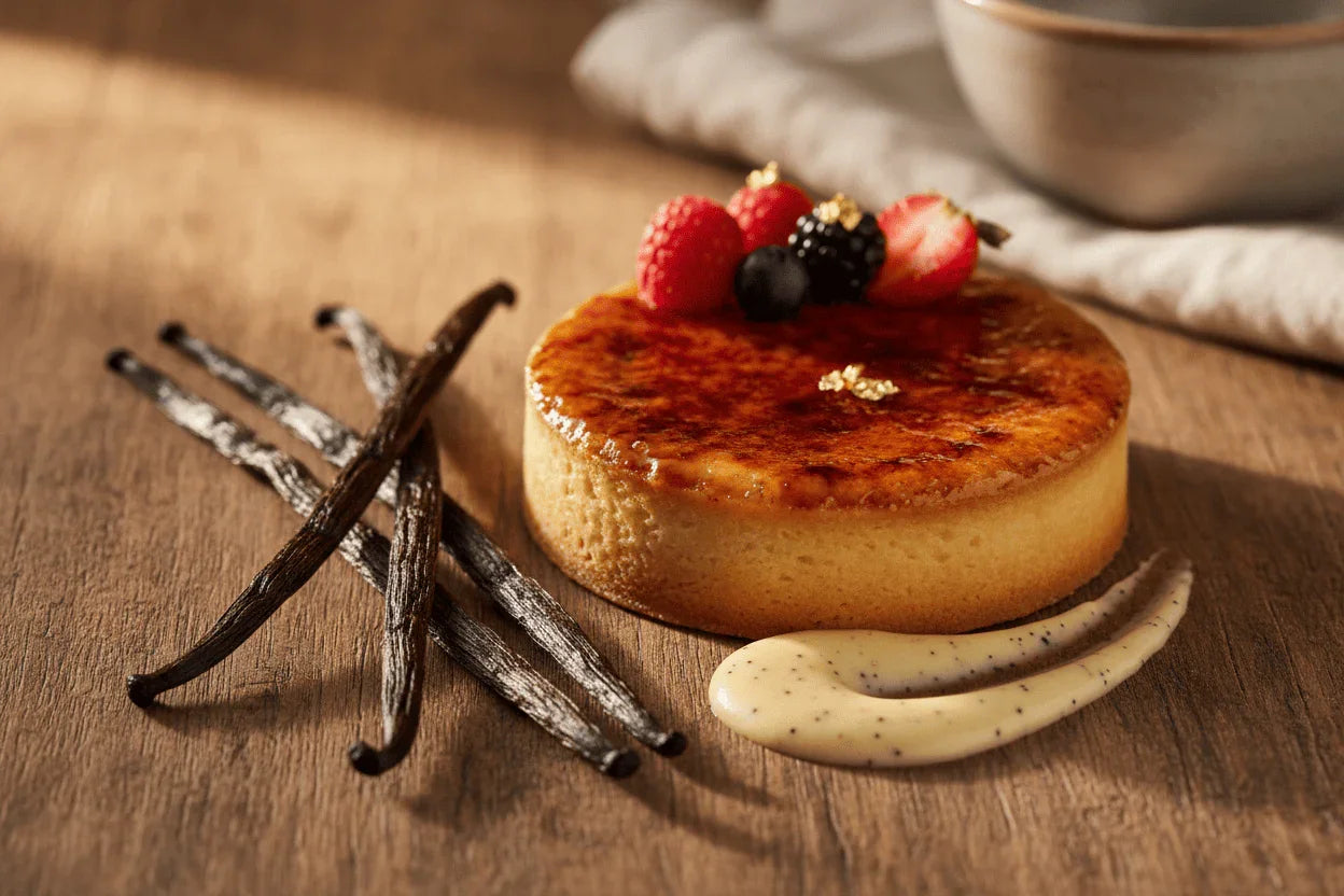 Gousses de vanille Vanille 77 avec dessert crème et fruits rouges sur table en bois